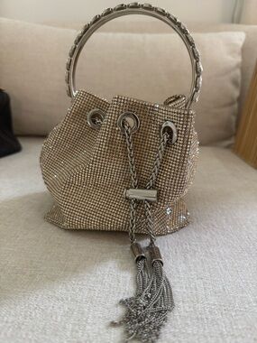 Crystal-Embellished Drawstring Bucket Bag in Champagne NWOT